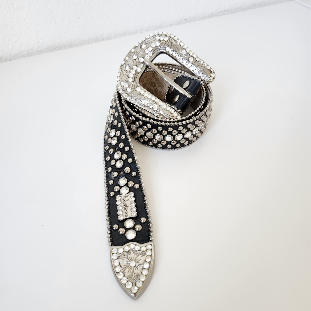 LEAVING POSH FINAL CLEARANCE B.B. Simon Black and Silver Crystal Studded Belt - Picture 10 of 14